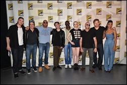 SAN DIEGO, CA - JULY 20:  (L-R) Actors Lee Pace, Benicio del Toro, Dave Bautista, James Gunn, Djimon Hounsou, Karen Gillan, Michael Rooker, Chris Pratt and Zoe Saldana attend Marvel's "Guardians Of The Galaxy" panel during Comic-Con International 2013 at San Diego Convention Center on July 20, 2013 in San Diego, California.  (Photo by Alberto E. Rodriguez/WireImage)