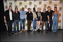 SAN DIEGO, CA - JULY 20: (L-R) Actors Lee Pace, Benicio del Toro, Dave Bautista, James Gunn, Djimon Hounsou, Karen Gillan, Michael Rooker, Chris Pratt and Zoe Saldana attend Marvel's "Guardians Of The Galaxy" panel during Comic-Con International 2013 at San Diego Convention Center on July 20, 2013 in San Diego, California.  (Photo by Alberto E. Rodriguez/WireImage)