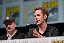 SAN DIEGO, CA - JULY 20: Producer and President of Marvel Studios Kevin Feige (L) and James Gunn speak at Marvel's "Guardians Of The Galaxy" panel during Comic-Con International 2013 at San Diego Convention Center on July 20, 2013 in San Diego, California.  (Photo by Alberto E. Rodriguez/WireImage)