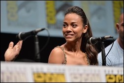 SAN DIEGO, CA - JULY 20: Actress Zoe Saldana speaks at Marvel's "Guardians Of The Galaxy" panel during Comic-Con International 2013 at San Diego Convention Center on July 20, 2013 in San Diego, California.  (Photo by Alberto E. Rodriguez/WireImage)