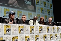 SAN DIEGO, CA - JULY 20: (L-R) Actors Benicio del Toro, Lee Pace, Djimon Hounsou, Karen Gillan and Michael Rooker speak at Marvel's "Guardians Of The Galaxy" panel during Comic-Con International 2013 at San Diego Convention Center on July 20, 2013 in San Diego, California.  (Photo by Alberto E. Rodriguez/WireImage)