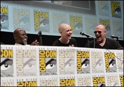 SAN DIEGO, CA - JULY 20: (L-R) Actors Djimon Hounsou, Karen Gillan and Michael Rooker speak at Marvel's "Guardians Of The Galaxy" panel during Comic-Con International 2013 at San Diego Convention Center on July 20, 2013 in San Diego, California.  (Photo by Alberto E. Rodriguez/WireImage)