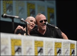 SAN DIEGO, CA - JULY 20: Actress Karen Gillan (L) and actor Michael Rooker speak at Marvel's "Guardians Of The Galaxy" panel during Comic-Con International 2013 at San Diego Convention Center on July 20, 2013 in San Diego, California.  (Photo by Alberto E. Rodriguez/WireImage)