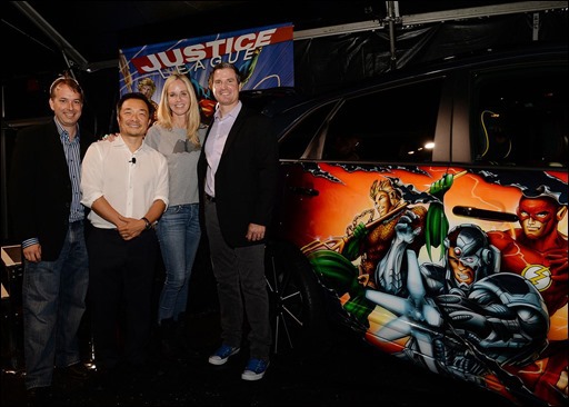 Executives (From L to R) Gene Cook (EBAY GM, emerging verticals), Jim Lee (creator and co publisher), Diane Nelson (pres. dc ent.) and Scott Mckee (Kia Motors, dir. public relations) unveiled the JUSTICE LEAGUE-inspired Kia Sorento, the eighth and final custom vehicle built in partnership with Kia Motors America. The car is the centerpiece of a special auction on EBAY, which begins today, July 17, 2013.